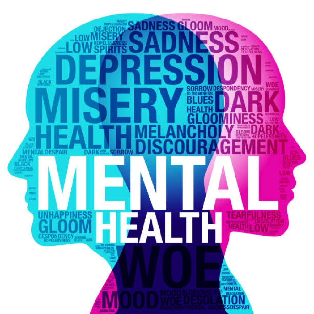 A male and female back-to-back side outlined silhouette overlaid with various sized translucent words related to the serious topic of MENTAL HEALTH.
